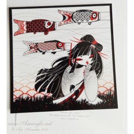 Carte d'art carrée 14x14 cm  "Kokeshi Koi Nobori"