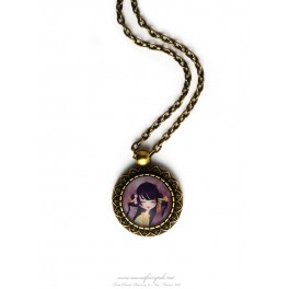 Collier pendentif geisha cabochon verre illustré 18x18 mm